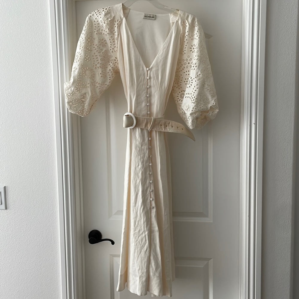 100% linen Nicholas belted eyelit maxi dress